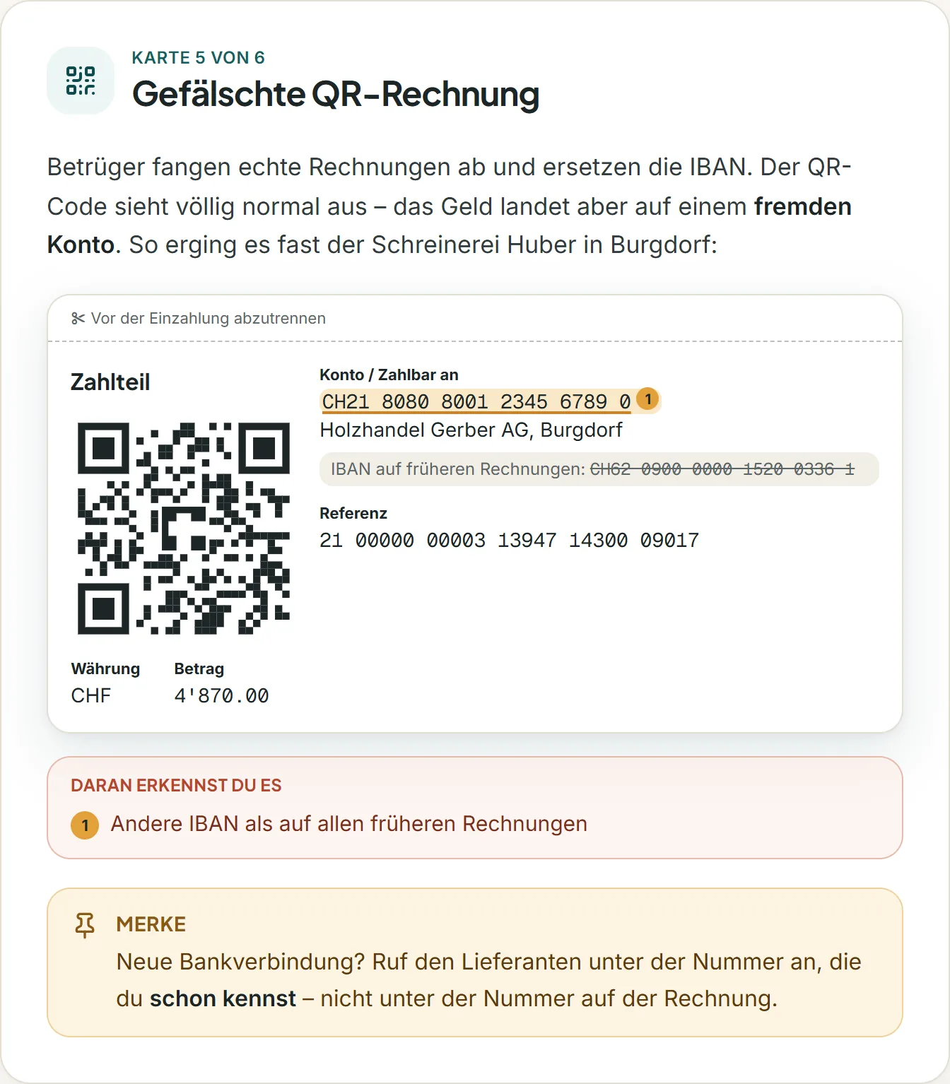 Lernkarte «QR-Rechnung mit geänderter IBAN» mit nummerierten Warnsignalen